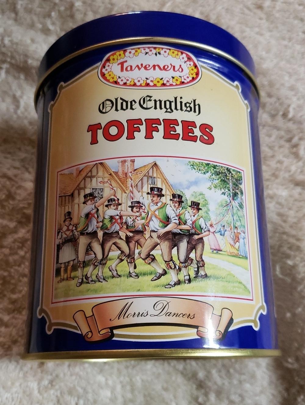 1990's Taveners Olde English Toffees Tin - Blue With Classic Illustrations